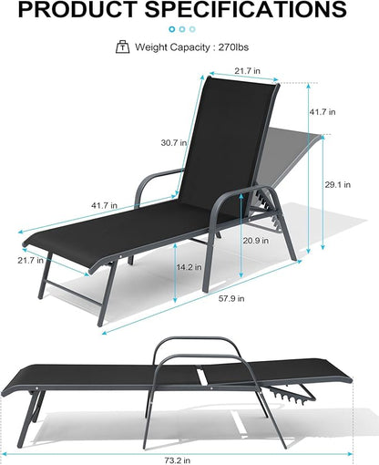 Crestlive Products Lounge Chair Outdoor with Armrests, Pool Lounge Chairs Set of 2, Aluminum Adjustable 5 Positions Tanning Chairs for Outside, Patio, Poolside, Yard, Deck, Backyard (Black)