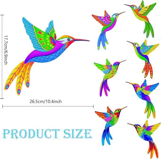 Outdoor Wall Art Metal Hummingbird 3D Wall Art for Outside Fence Decorations Outdoor Patio Decor- (Set of 8,Colore)