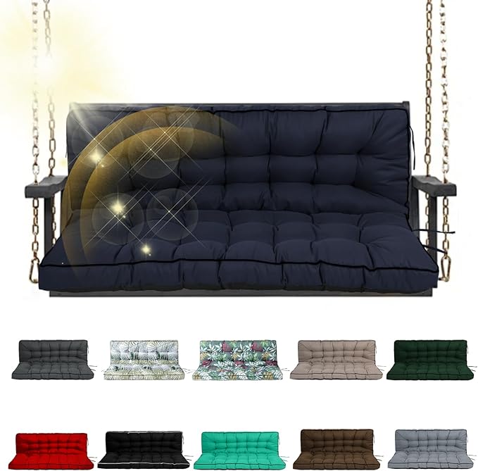 Porch Swing Cushion Three Seat, Waterproof Swing Cushions Replacement with Backrest, Outdoor Garden Furniture Patio 4" Thickened Cushions with Ties (Navy Blue, 40 x 63in)