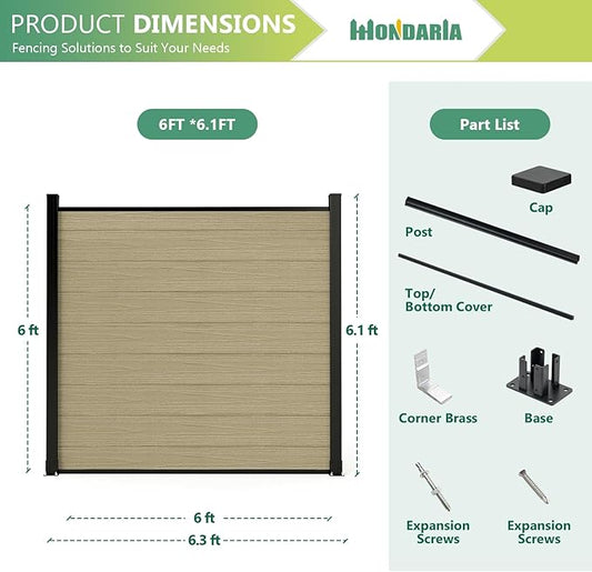 Mondaria Privacy Fence Panels for Outside, 6ft(W) x 6ft(H) Outdoor Fence with 1 Post, Wind Resistant Wood Plastic Composite Fencing Panels for Patio,Backyard,Garden and Swimming Pool(Ancient Wood)