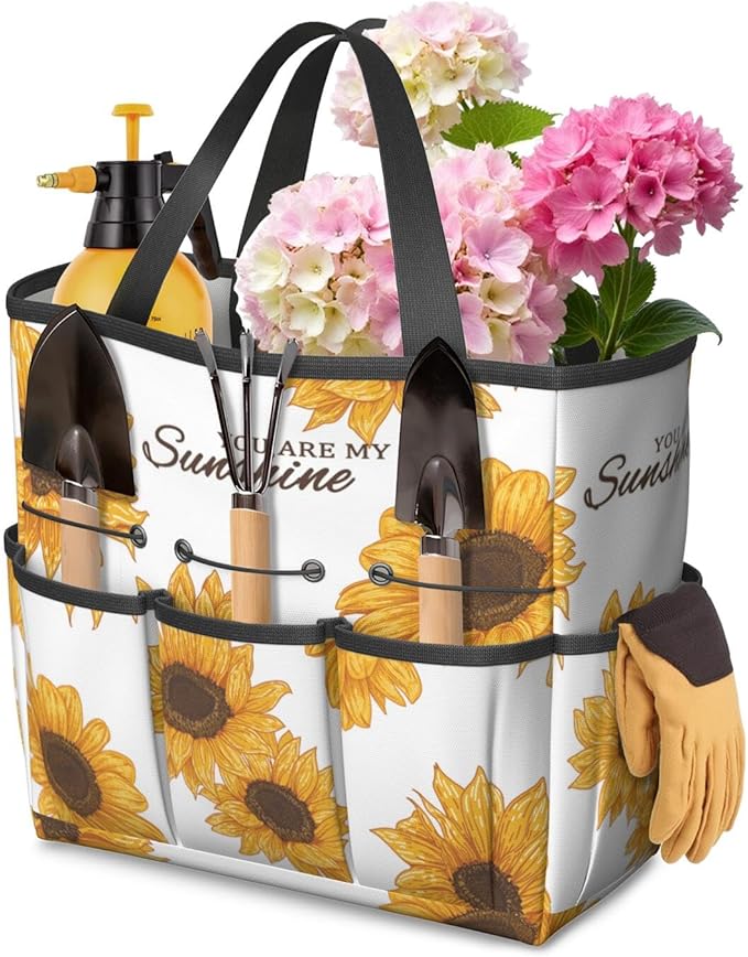 Sunflower Garden Tool Bag - Waterproof Garden Tote with 8 Pockets, Large Storage Home Organizer Gardening Tool Oxford Bag for Garden Tools Kits Holder, Ideal Outdoor Gardening Gift for Women & Men