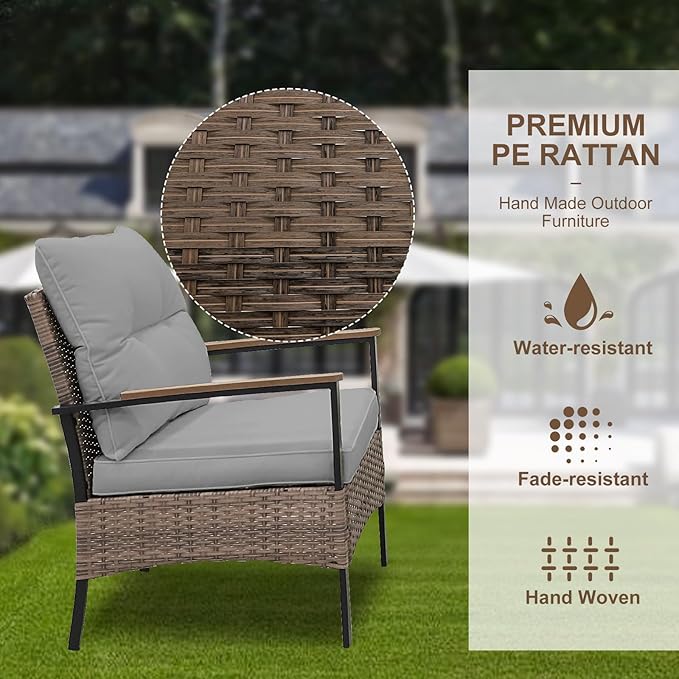 Sunset Escape Wicker Outdoor Furniture, Modern Sofa and Chair Set of 4, Rattan Patio Conversation Set, 2 Patio Chairs, Loveseat and Coffee Table, Brown/Gray