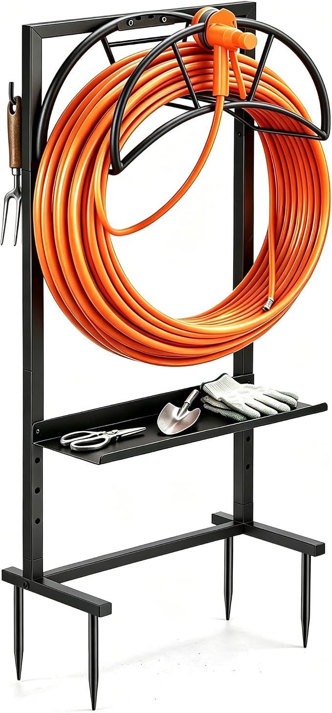 facka Garden Hose Holder Freestanding Metal Hose Stand 4-Prong Shelf Hooks | Holds up to 160FT Hose for Yard Garden Outdoor，Water Hose Holder and Hose Hanger, Alternative to Hose Reels for Outside
