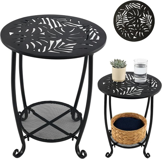 2-Tier Metal Round Side Table Black Accent Coffee Tables Small Space Corner Plant Stand Shelf for Indoor Outdoor Porch Patio Balcony Living Room End Table with Storage, Rust-Proof