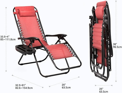 Nazhura Set of 2 Relaxing Recliners Patio Chairs Adjustable Steel Mesh Zero Gravity Lounge Chair Beach Chairs with Pillow and Cup Holder Khaki (Pink)