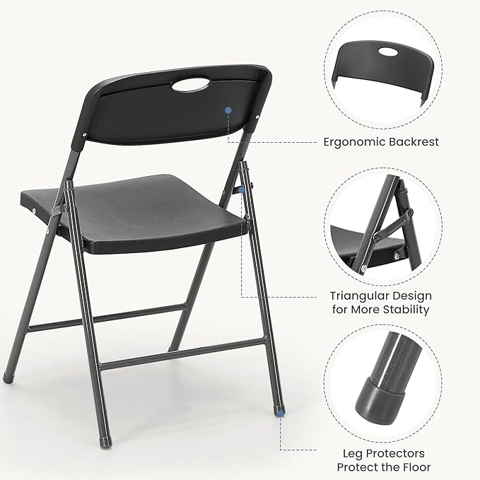 DUMOS 2 Pack Folding Chairs Heavy Duty - Plastic Stackable Portable Dining Chairs Set, Wedding, Party, Patio, Garden, for Indoor Outdoor, for Home and Office, Conference, Black