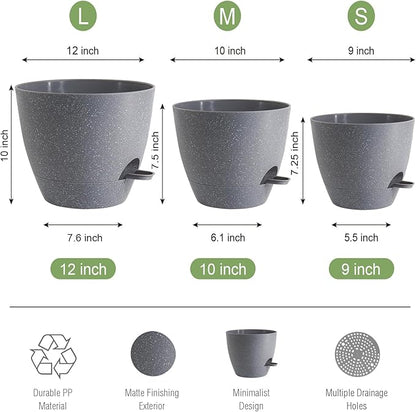 UOUZ Large Self Watering Pots, 12/10/9 Plastic Planters with High Drainage Holes and Deep Reservoir for Indoor Outdoor Garden Plants and Flowers, Grey Speckles