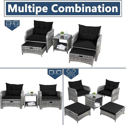 5 Pieces PE Wicker Outdoor Chairs with Ottoman, 5 PCS Rattan Patio Furniture Chairs with Pull Out Ottoman & Side Table for Porch Balcony Sunroom, Black
