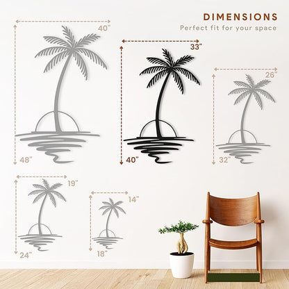 Metal Palm Tree with Sunset Wall Art, Large Outdoor Wall Decor, Tropical Beach Coastal Decor for Living Room, Bedroom, Garden Home Wall Sign, Perfect Metal Wall Art for Beach House, Coastal Theme, and Home Decoration (White, 40 x 33 inches)