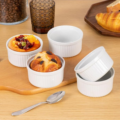 Yachi White Souffle Ramekins: 4oz 6 Pieces Ceramic Baking Ramekin Set Oven Safe Porcelain Bakeware Serving for Sauces Dipping Onion Soup Lava Cake Flan Creme Brulee Pudding Mini Custard