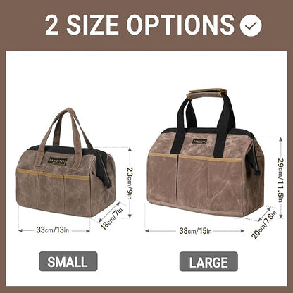 Tool Bag, 15-inch Heavy Duty 16oz Waxed Canvas Wide Mouth Water-Resistant Tool Bag, Tool Tote with Handle for Tools, Wrenches, Screwdrivers (15 X 7.8 X 11.5 inch) | Grey