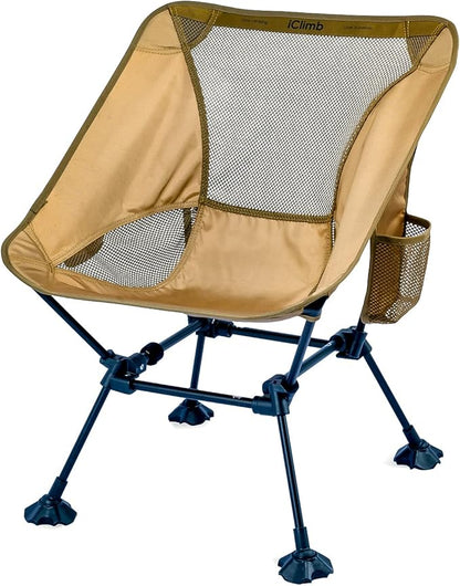iClimb Ultralight Compact Camping Folding Beach Chair with Anti-Sinking Large Feet and Back Support Webbing (Brown - Square Frame - 2PC)