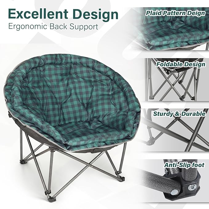 Oversized XXL Folding Round Camping Chair,Super Comfy Padded Moon Camp Chairs,Heavy Duty Supports 200 Kg Outdoor Lawn Chairs for Adults,Perfect for Indoor,Family Camping,Hiking,Picnics and Garden
