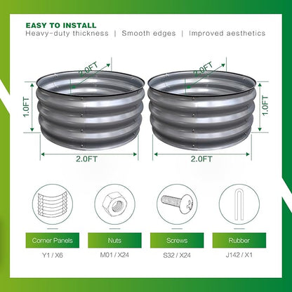 GARDMAX 2 Pack 2x2x1FT Galvanized Round Raised Garden Bed Kit, Metal Planter Boxes Outdoor with Easy Assembly, Large Garden Bed for Vegetables, Fruits, Flower, Herbs Silver