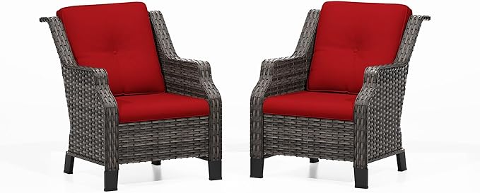 Patio Chairs Set of 2 Rattan Chair Patio Furniture Set with Thick Cushions and All-Weather PE Wicker for Garden, Patio and Porch, Red