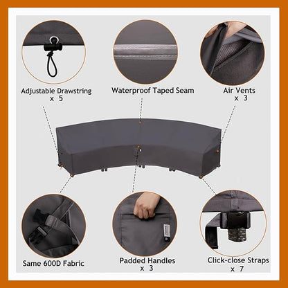 Curved Patio Furniture Cover for Outdoor Sectional Sofa, 190"(128") Reinforced Waterproof 600D Patio Couch Cover, Half Moon Lawn Outside Garden Winter Protective Cover, Storm Grey