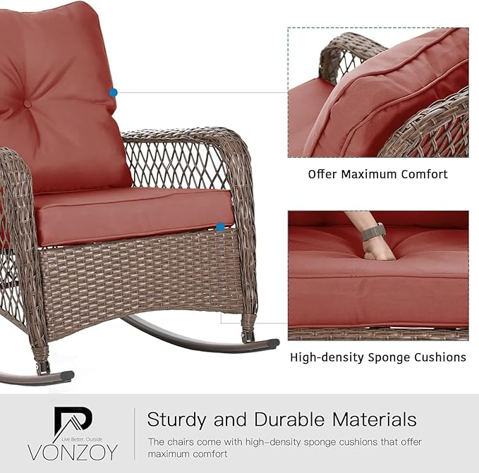 Patio Furniture Set 3 Pieces, Rocking Bistro Set with Thick Cushions, Brown Wicker Outdoor Rocker Chairs and Coffee Table for Porch, Backyard or Garden (Red)