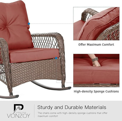 Patio Furniture Set 3 Pieces, Rocking Bistro Set with Thick Cushions, Brown Wicker Outdoor Rocker Chairs and Coffee Table for Porch, Backyard or Garden (Red)