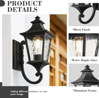 Emliviar 2 Pack Modern Outdoor Wall Sconces, 15" Exterior Lighting Fixtures with Water Ripple Glass for Porch, Black Finish, XE292UB-2PK-SW BK