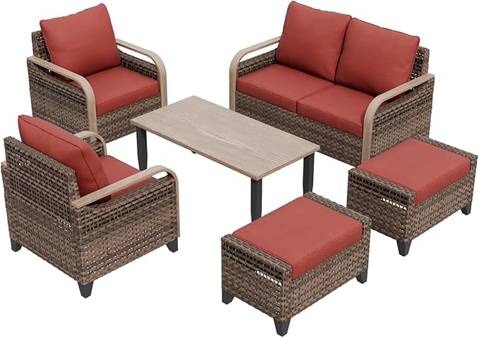 COOS BAY Modern Wicker Outdoor Furniture Set, Patio Conversation Set with Patio Chairs, 2 Seat Loveseat, Ottomans, and Coffee Table, 6 Piece, Brown/Red