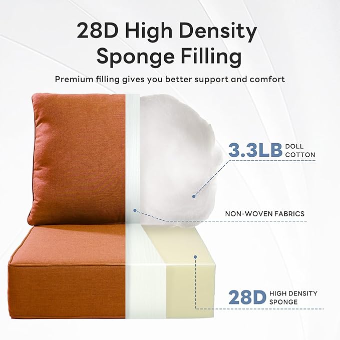6" Thicker Outdoor Chair Cushion 6 Sets - 24" *24" *6" Waterproof Patio Furniture Cushions with Removable Cover, 28D High Density Sponge Filling Thicken Outdoor Patio Cushions - Orange