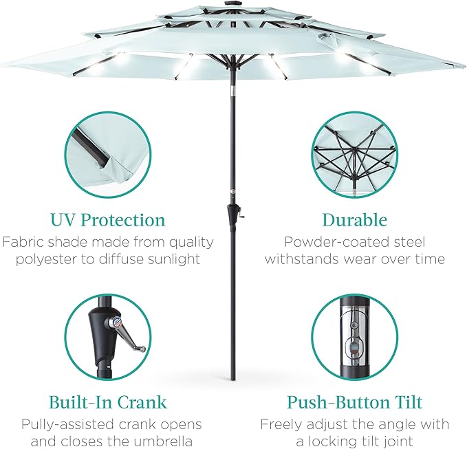Best Choice Products 10ft 3-Tier Solar Patio Umbrella, Outdoor Market Sun Shade for Backyard, Deck, Poolside w/ 24 LED Lights, Tilt Adjustment, Easy Crank, 8 Ribs - Baby Blue