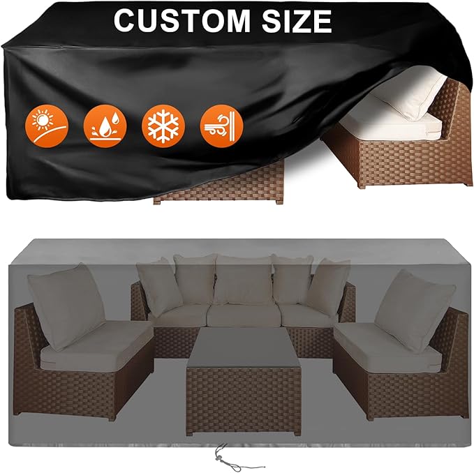 Patio Furniture Cover Rectangle 88"(L) x 32"(W) x 28"(H), Custom Heavy Duty 420D Waterproof Outdoor Cover with Drawstring & Buckles for Table Chair Garden, Black