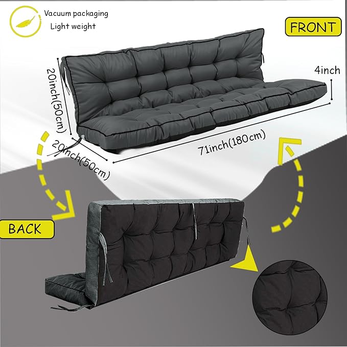 Porch Swing Cushion Three Seat, Waterproof Swing Cushions Replacement with Backrest, Outdoor Garden Furniture Patio 4" Thickened Cushions with Ties (Dark Gray, 40 x 71in)