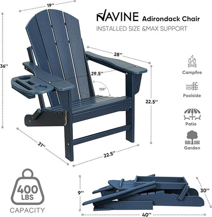 Adirondack Chair, HDPE Folding Adirondack Chair with Multifunctional Cup Holder, Weather Resistant Fire Pit Chair for porches, patios, patios, poolsides, Decks.