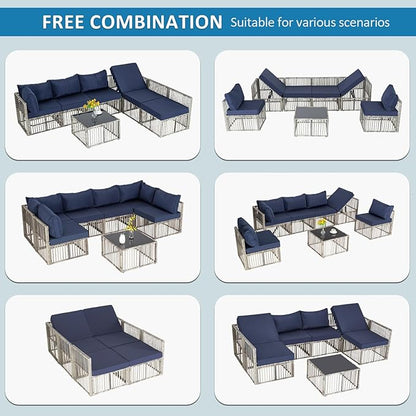 FHFO 7 Pieces Outdoor Patio Furniture Set, Wicker Outdoor Sectional Conversation Couch Set with Adjustable Backrest Sofa, Thick Cushion & Coffee Table for Garden, Porch, Poolside, Grey/Blue
