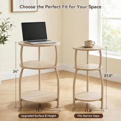 Round Side Table, 3-Tier End Table with Storage Shelf, 15.7" Wide Nightstand for Small Spaces, Tall Sofa Table Capable of Holding Laptops & Lamps, Bedside Table for Bedroom & Living Room, Oak