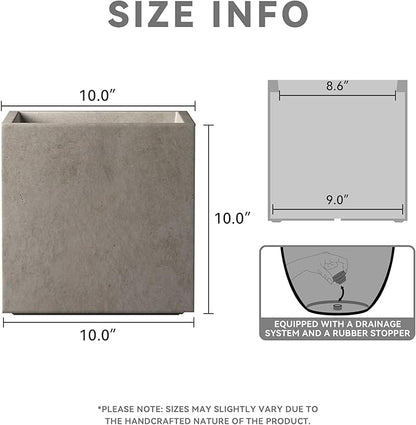 Kante 10 Inch Square Concrete Planter for Outdoor Indoor Home Patio Garden, Large Plant Pot with Drainage Hole and Rubber Plug, Weathered Concrete