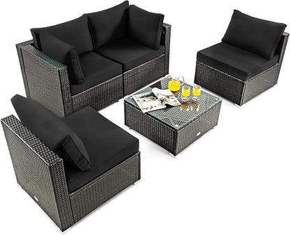 HAPPYGRILL 5 PCS Patio Furniture Set Outdoor Rattan Wicker Sofa Set with Coffee Table Sectional Sofa Conversation Set with Pillows Cushions for Backyard Porch Garden Poolside