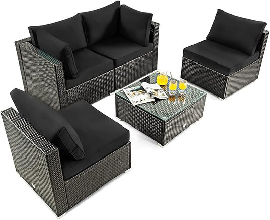 HAPPYGRILL 5 PCS Patio Furniture Set Outdoor Rattan Wicker Sofa Set with Coffee Table Sectional Sofa Conversation Set with Pillows Cushions for Backyard Porch Garden Poolside