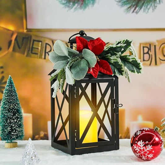 Christmas Lantern Outdoor Deror 13", 2 Pack Waterproof LED Hanging Decorative Candle Lantern with Berries Decor for Garden, Porch, Gift for Family, Friends, Women