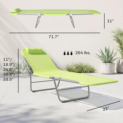 Outsunny Folding Chaise Lounge Pool Chair Set of 2, Outdoor Sun Tanning Chairs with Pillow, Reclining Back, Steel Frame & Breathable Mesh for Beach, Yard, Patio, Green