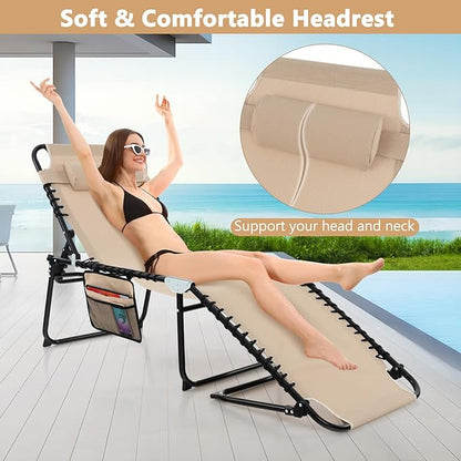 Giantex Patio Lounge Chairs for Outside - Folding Tanning Chair w/Headrest, 4 Adjustable Positions, Side Pocket, Outdoor Chaise Lounge for Camping, Pool, Sunbathing Beach Chair, Beige