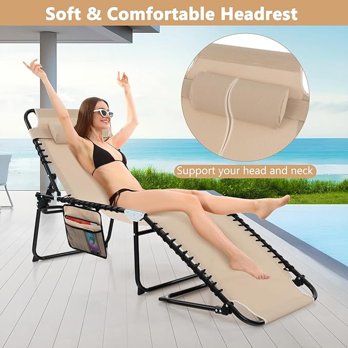 Giantex Patio Lounge Chairs for Outside - Set of 2 Folding Tanning Chair w/Headrest, 4 Adjustable Positions, Side Pocket, Outdoor Chaise Lounge for Camping, Pool, Sunbathing Beach Chair, Beige