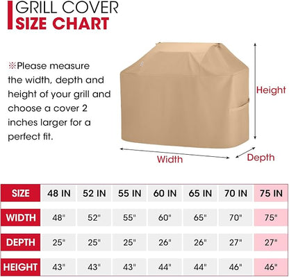 Unicook 75 Inch Grill Cover for Outdoor Grill, Heavy Duty Waterproof BBQ Cover for Outside, Compatible with Weber Char-Broil Nexgrill Kenmore Gas Grills up to 73”, All Weather Protection, Light Brown