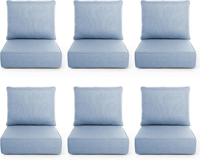Outdoor Chair Cushions, 6 Inch Thick Patio Seat & Back Cushions Set with Removable Cover, Waterproof Patio Cushions for Outdoor Furniture, 24 x 24 Inch, Baby Blue 6-Set