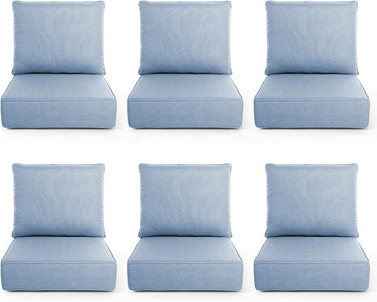 Outdoor Chair Cushions, 6 Inch Thick Patio Seat & Back Cushions Set with Removable Cover, Waterproof Patio Cushions for Outdoor Furniture, 24 x 24 Inch, Baby Blue 6-Set