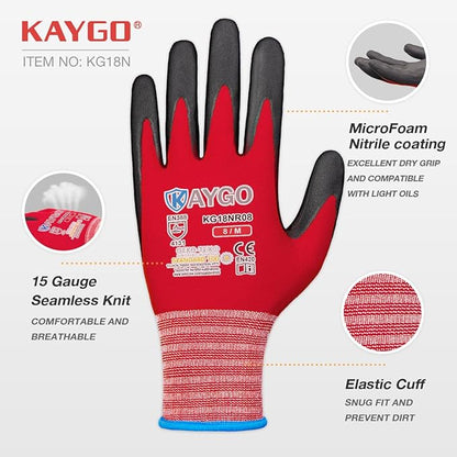 KAYGO Safety Work Gloves MicroFoam Nitrile Coated-12 Pairs, KG18NB,Seamless Knit Nylon Glove with Black Micro-Foam Nitrile Grip,Ideal for General Purpose,Automotive,Home Improvement