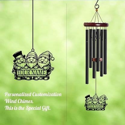 Personalized Customize Name Gnome Wind Chime, Metal Iron 37 Inch Outdoor Memorial Gift for Garden Yard Patio Home Decor, Black，Christmas (Style J)