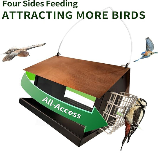 Solution4Patio Bird Feeders for Outdoors Hanging, All Metal, Double Suet Cake and Large Capacity, Hopper Tray & Weatherproof for Finch, Cardinal & Chickadee (Brown)