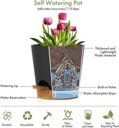 WSMKSZ 7/6.5/6/5.5/5/4 inch Self Watering Pots for Indoor Outdoor Plants, 6 Pack Plastic Flower Planters with Drainage Holes and Removable Saucers, Plant Pots with Wicking Rope, Black Brown