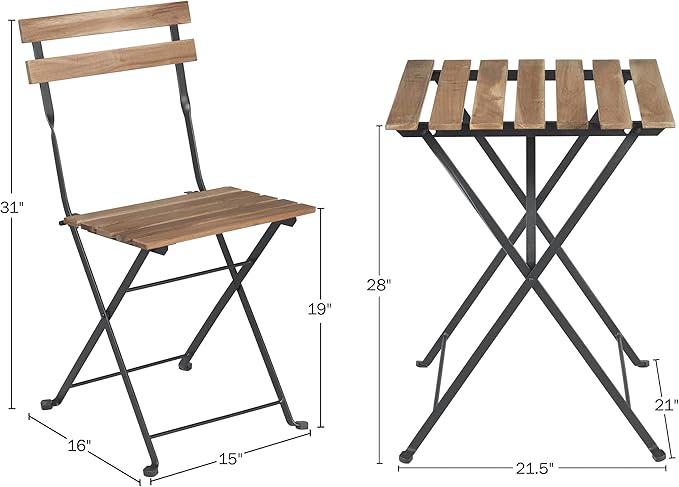 Folding Patio Bistro Set – 3-Piece Acacia Wood and Steel Café Table and Chairs for Porch, Deck, Garden, or Balcony Furniture by Lavish Home (Brown)