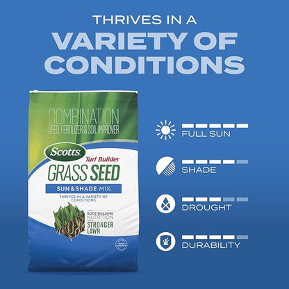 Scotts Turf Builder Grass Seed Sun and Shade Mix with Fertilizer and Soil Improver, Thrives in Many Conditions, 32 lbs.