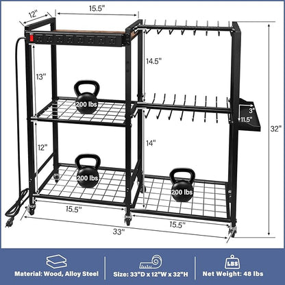 TC-HOMENY Power Tool Organizer Cart with Charging Power Strip, 28 Drill Tool Garage large Storage Racks with Wheels, Heavy Duty Tools Organizer Station, Festive Gifts for Men Dads