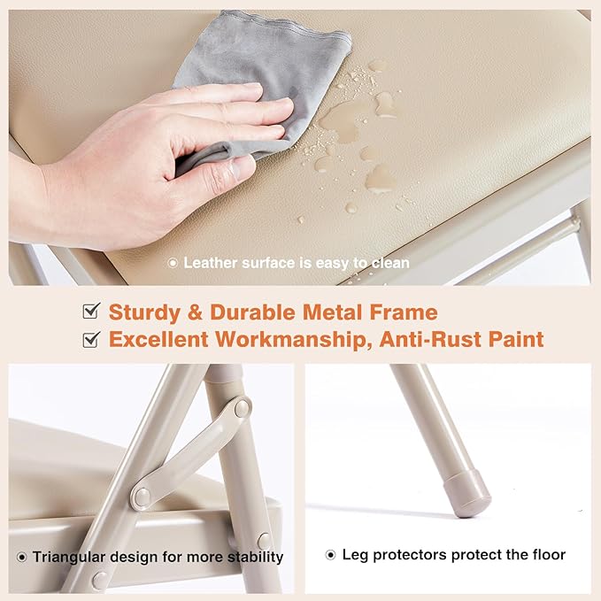 Sweetcrispy Folding Chair 6 Pack, Leather Padded Folding Chairs, Sturdy Metal Foldable Chairs, Easy to Use and Store, Outdoor and Indoor, for Home, Office, Party, Comfy