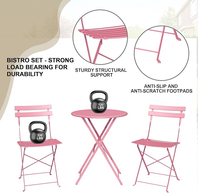 GarveeLife 3-Piece Folding Bistro Set, Foldable Patio Furniture Set with Premium Frame, Outdoor Bistro Table and Chairs Set of 2 for Patio, Garden and Balcony, Pink